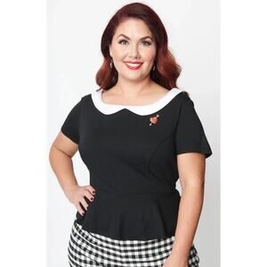 Unique Vintage Black And White Collar Peplum Top XL NWOT